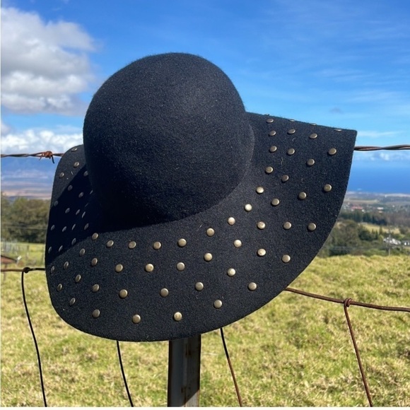 BLACK Studded Black Wool Retro Boho Floppy Hat - Picture 4 of 6